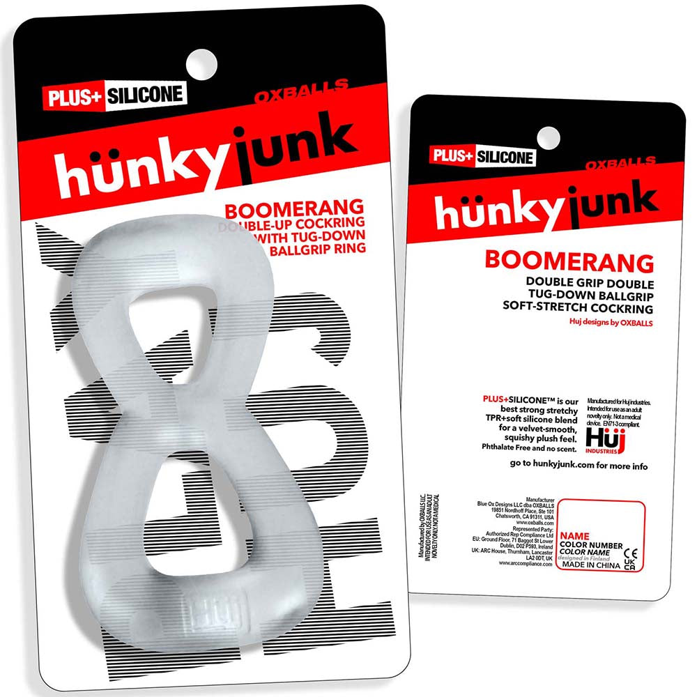 Hunkyjunk Boomerang Double-Ring Cockring & Nut-Tugger Clear Steam